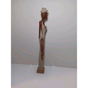 Hand Carved Wooden Slim Stick Figure Woman With Sand Detailed Dress